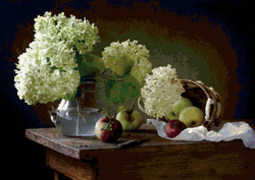 натюрморт - яблоки, цветы, фрукты, гортензия, натюрморт - предпросмотр