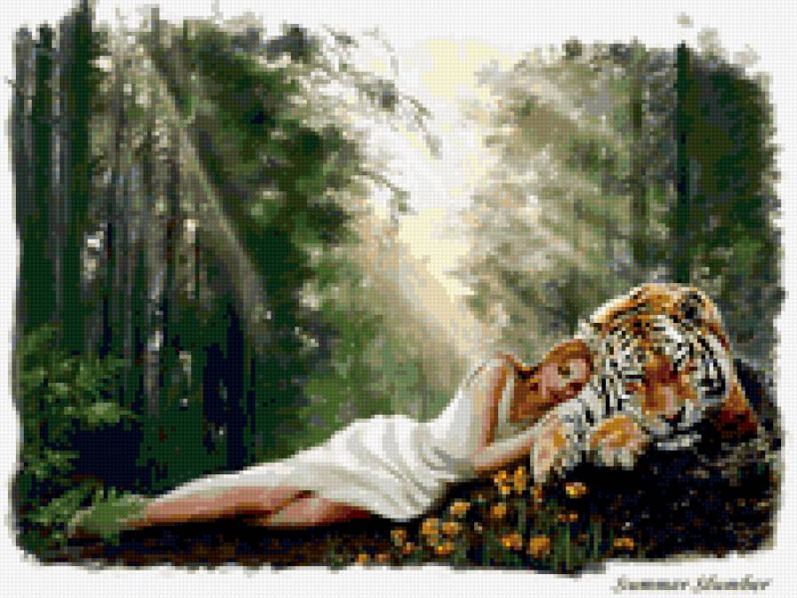 Лесная идилия - тигр, лес, девушка - предпросмотр