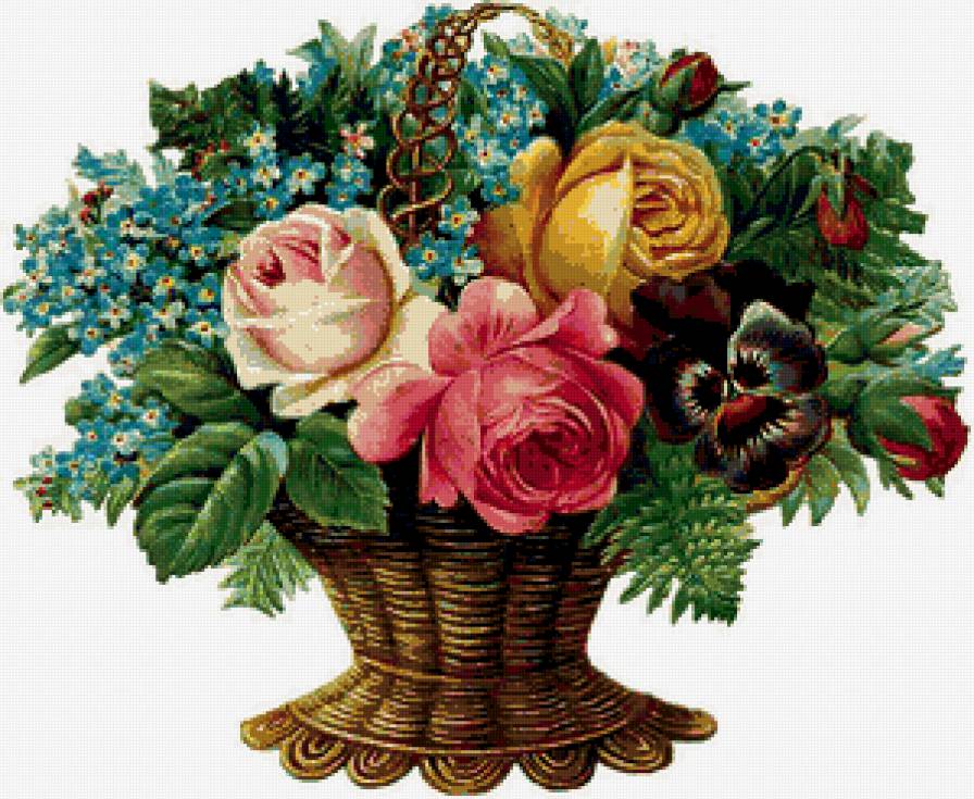 Букет - аервоцвет, цветы в корзине, анютки, композиция, розы - предпросмотр
