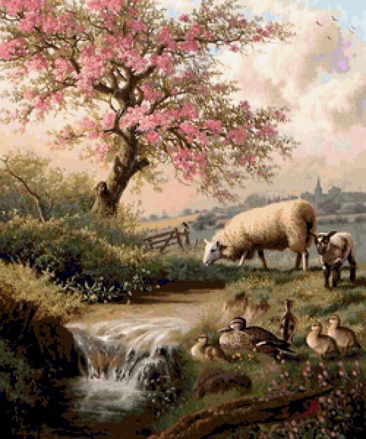 Пейзаж - цветущее дерево, сельский пейзаж, ручей, утки, овцы - предпросмотр