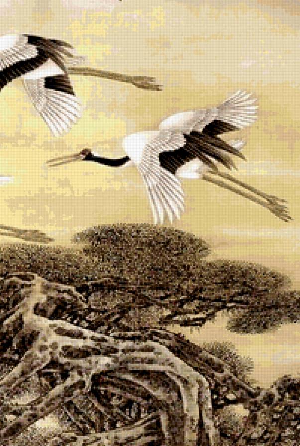 Журавли 1. Фрагмент 3 - птицы, гохуа, анималисты, журавли - предпросмотр