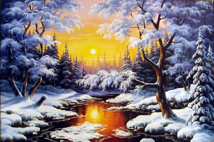 картина - пейзаж, речка, зима, природа, закат - оригинал