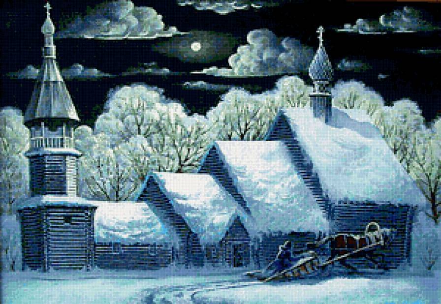 Зимняя ночь - зима, церковь, луна, ночь, облака, иней - предпросмотр