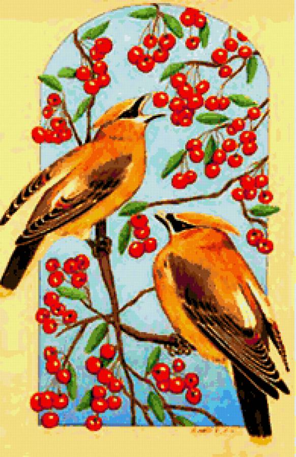Птички и ягодки - осень, ягоды, природа, вишенки, дерево, ягодки, птицы - предпросмотр