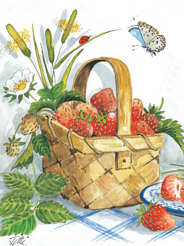 Натюрморт с клубникой - божья коровка, ягоды, клубника, ягодки, корзина, урожай - оригинал