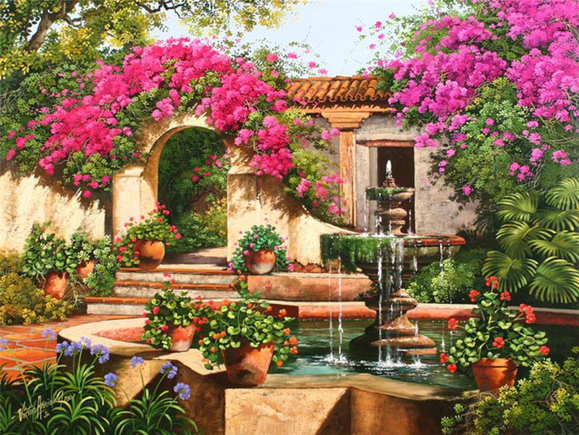 Райский уголок - цветы, природа, красота, розы, сад, фонтан, домики - оригинал
