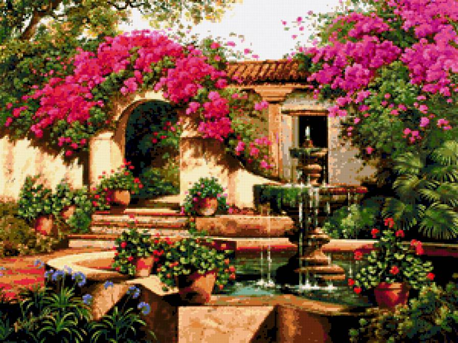 Райский уголок - сад, цветы, фонтан, розы, природа, домики, красота - предпросмотр