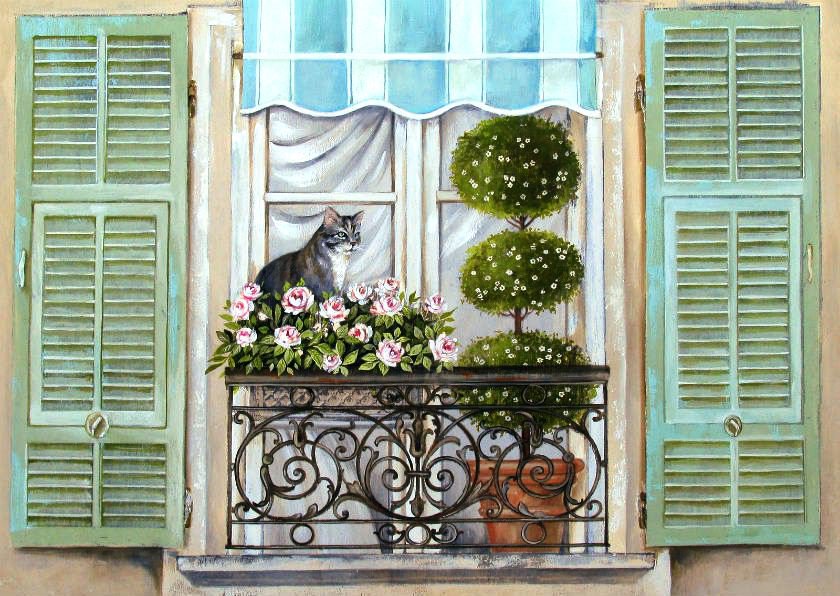 Окно - окна, искусство, красота, розы, окно, кот, цветы - оригинал