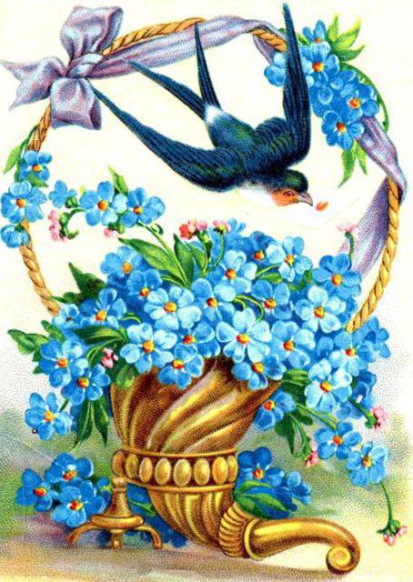 №320343 - цветы, корзина, голубые цветы, незабудки, полет, ласточка - оригинал