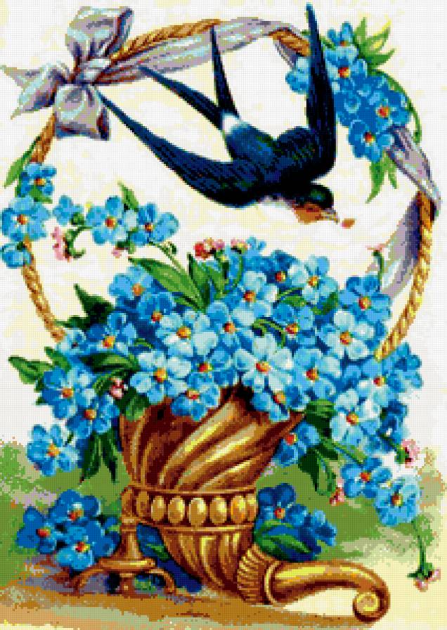 №320343 - полет, голубые цветы, цветы, корзина, ласточка, незабудки - предпросмотр