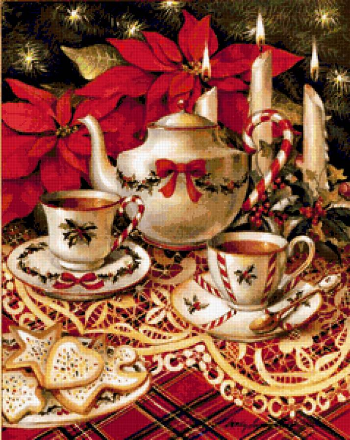 Рождественское чаепитие - цветы, рождество, фарфор, чайник, чаепитие, пуансетия, посуда - предпросмотр