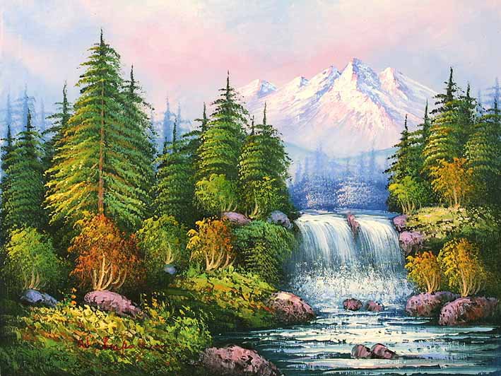 водопад - природа, лето, вода, горы, пейзаж, лес - оригинал