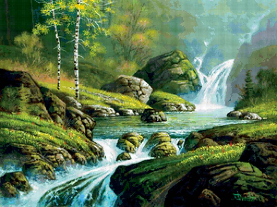 водопад - горы, лето, деревья, вода, пейзаж - предпросмотр