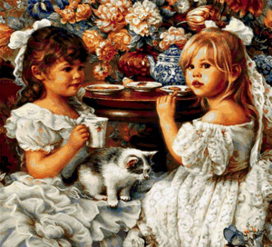 чаепитие - чаепитие, дети, цветы, девочки, чай, игрушки, котенок - предпросмотр