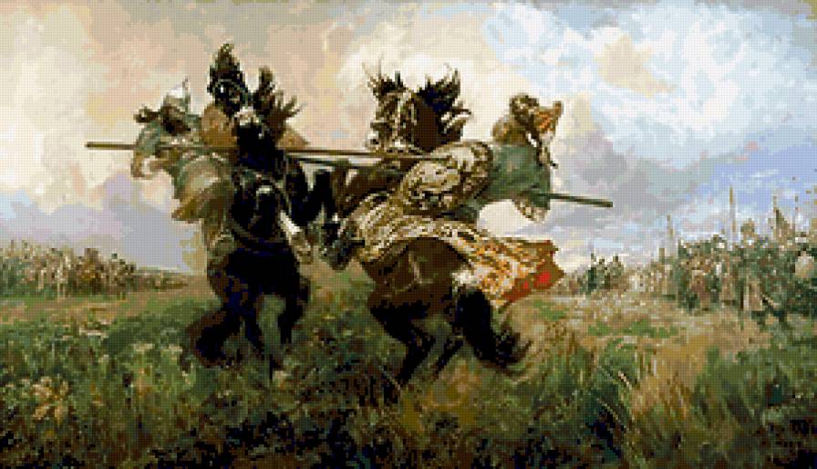Авилов "Бой Пересвета с Челубеем" - картины, известные художники, сражение., битва - предпросмотр
