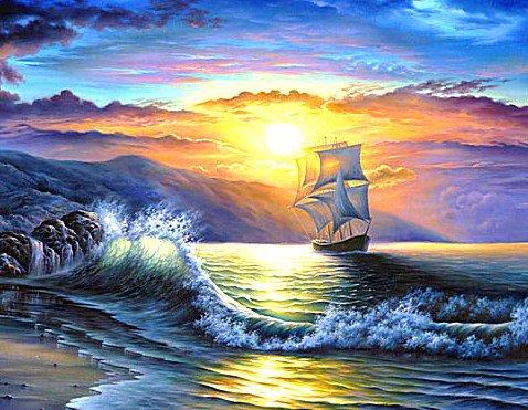 Закат на море - корабль, море, пейзаж, закат - оригинал