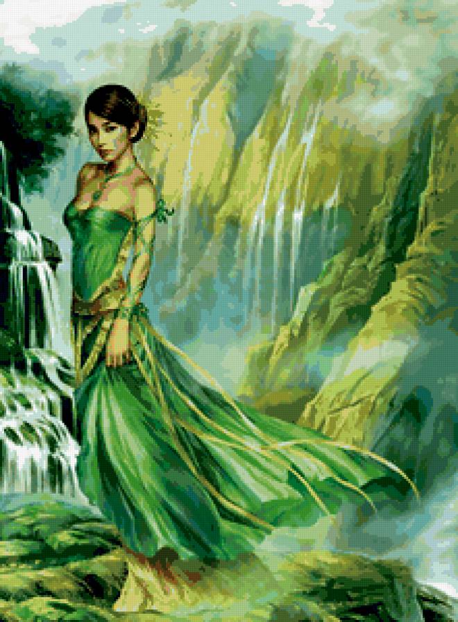 Девушка в зеленом - девушка, природа, водопад - предпросмотр