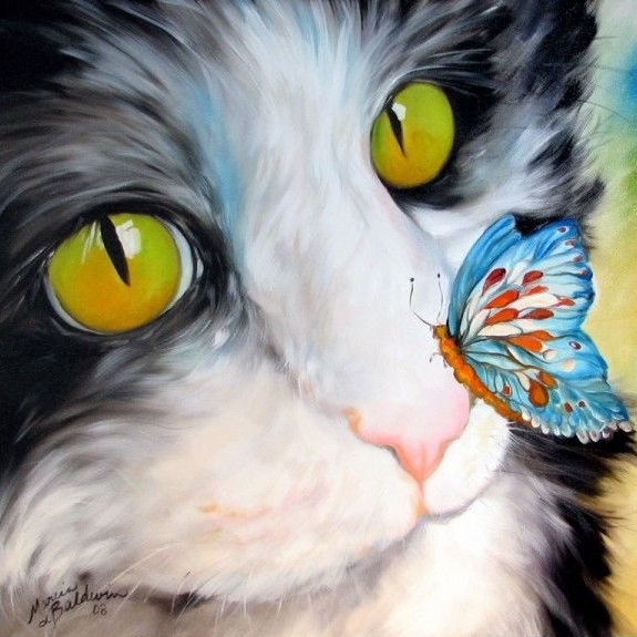 Котик с бабочкой - подушка, кот, рисунок, просто, абстракция, насекомое - оригинал
