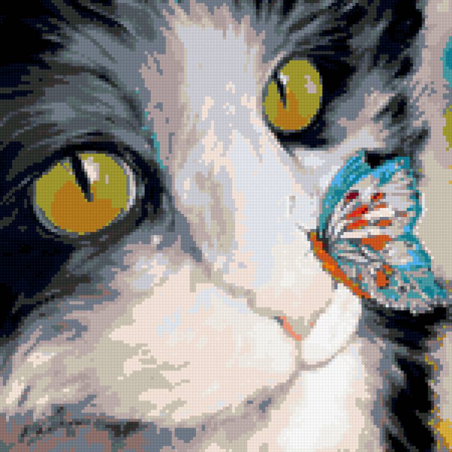 Котик с бабочкой - рисунок, кот, подушка, насекомое, просто, абстракция - предпросмотр