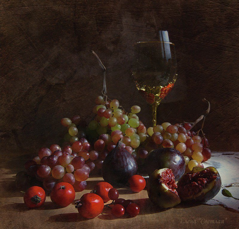 №326185 - фрукты, вино, натюрморт, виноград - оригинал