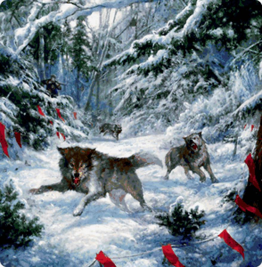 "...идет охота на волков..." - стая, охота, флажки, волк, зима, лес, снег, волки - предпросмотр