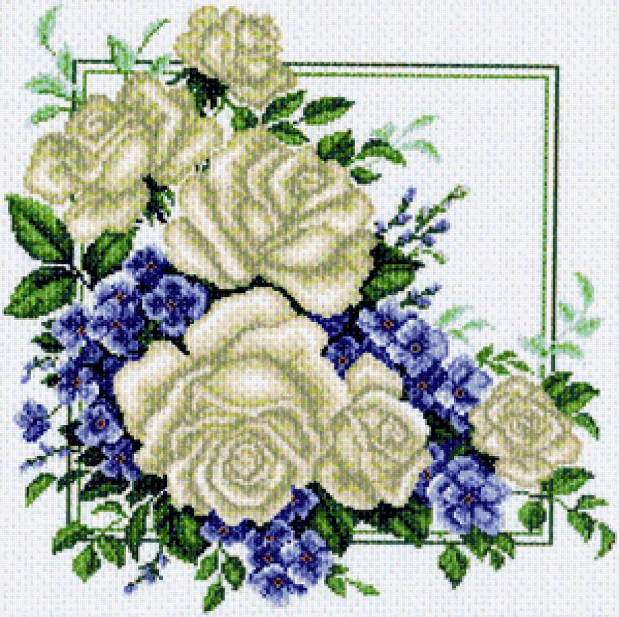 Панно "Розы и фиалки" - цветы, роза, белые розы, фиалка, розы, панно, фиалки - предпросмотр