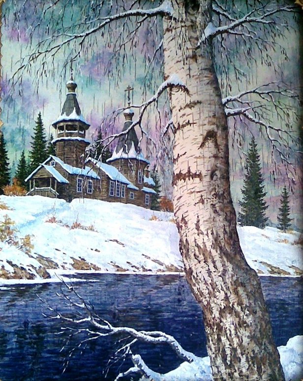 Зимний пейзаж - река, церковь, снег, зима, пейзаж, березки, природа, береста - оригинал