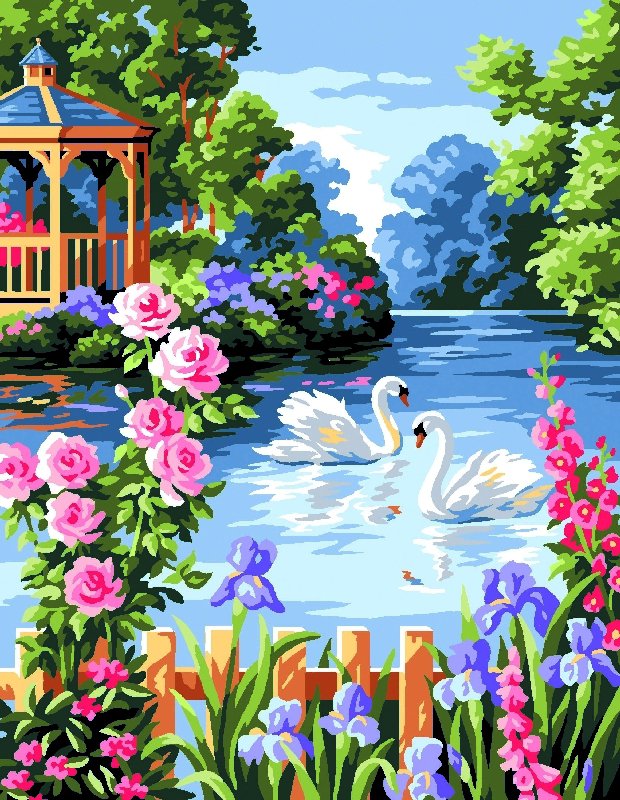 Лебединное озеро - грация, весна, беседка, цветы, лебедь, птицы, ирисы, лебеди - оригинал