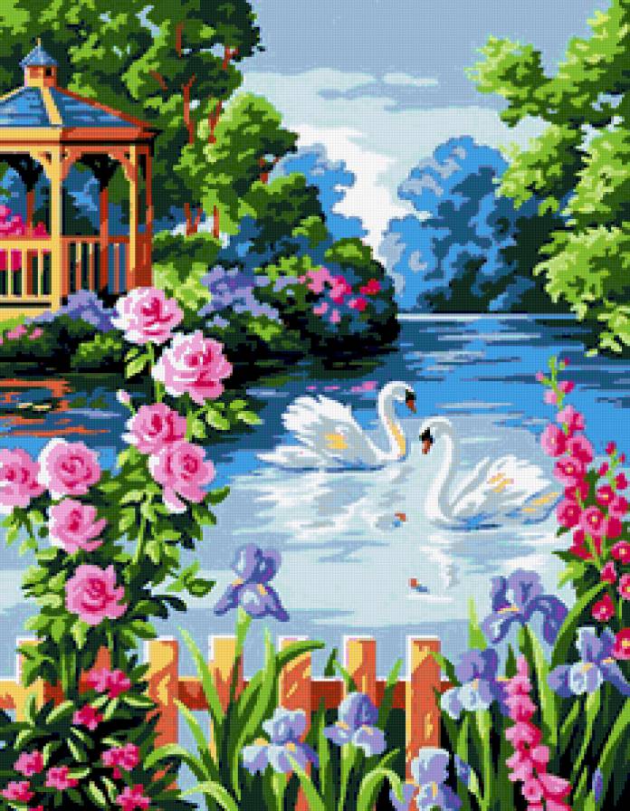 Лебединное озеро - лебеди, весна, грация, ирисы, цветы, беседка, лебедь, птицы - предпросмотр