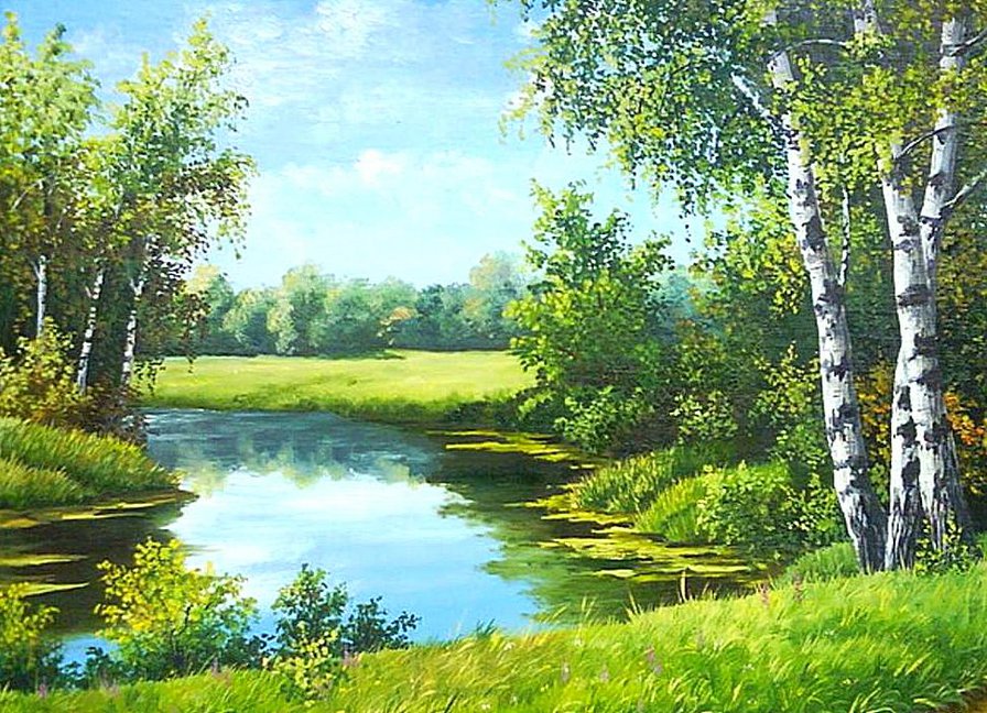 Тихая речка - пейзаж, речка, березки - оригинал