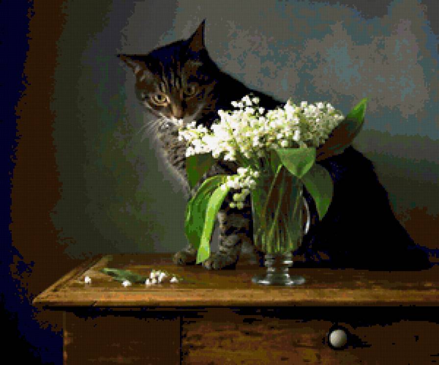 вдыхая нежный аромат... - кошки, животные, цветы, весна, ландыши, натюрморт, коты, букет - предпросмотр