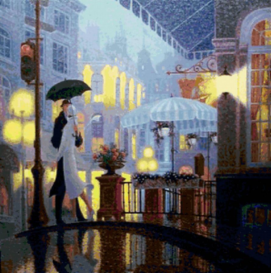 свиданье под дождем - город, живопись, дома, пейзаж, дождь, люди, улицы - предпросмотр