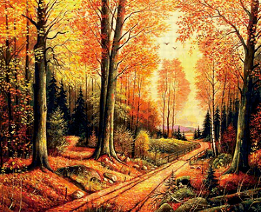 Красная осень - лес, осень, пейзаж, дорога - предпросмотр