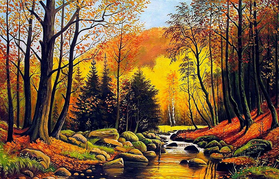 Осенний пейзаж - осень, пейзаж, картина, река, лес - оригинал