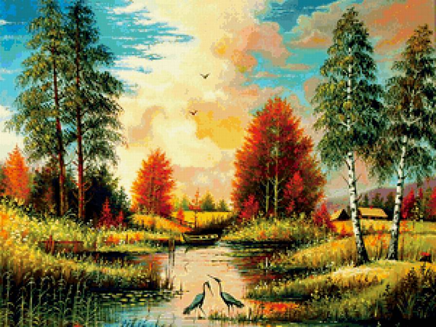 Краски осени - озеро, село, пейзаж, осень, цапли - предпросмотр