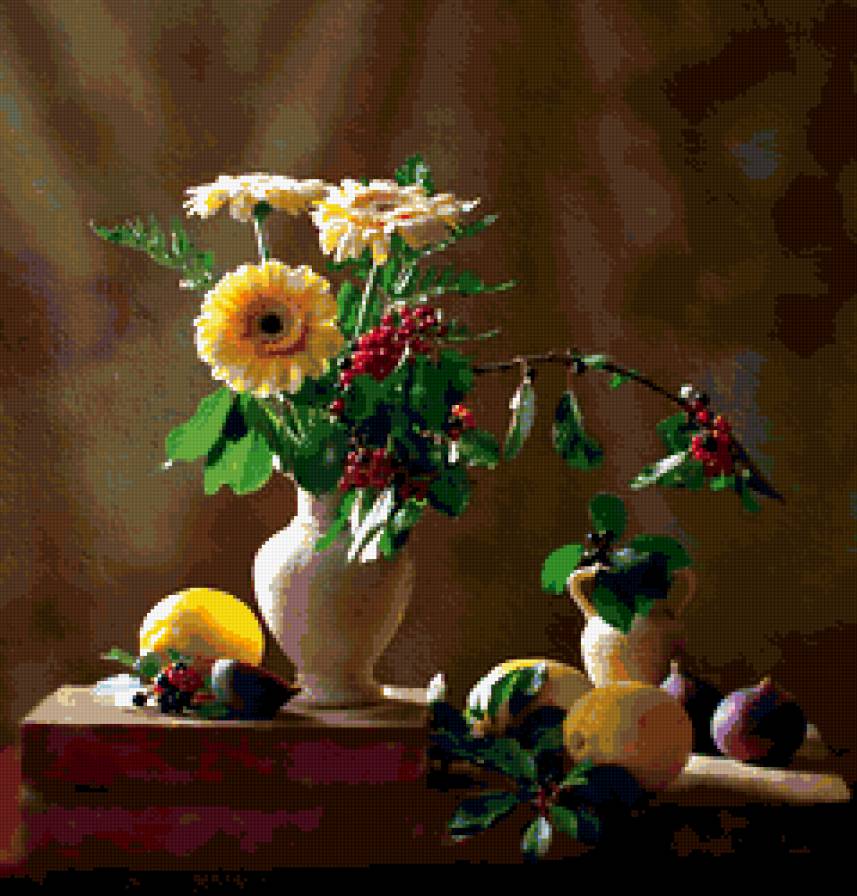 натюрморт - цветы, натюрморт, герберы, рябина, фрукты - предпросмотр