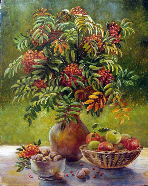 осень - натюрморт, фрукты, ягоды, орехи, яблоки, осень, рябина - оригинал
