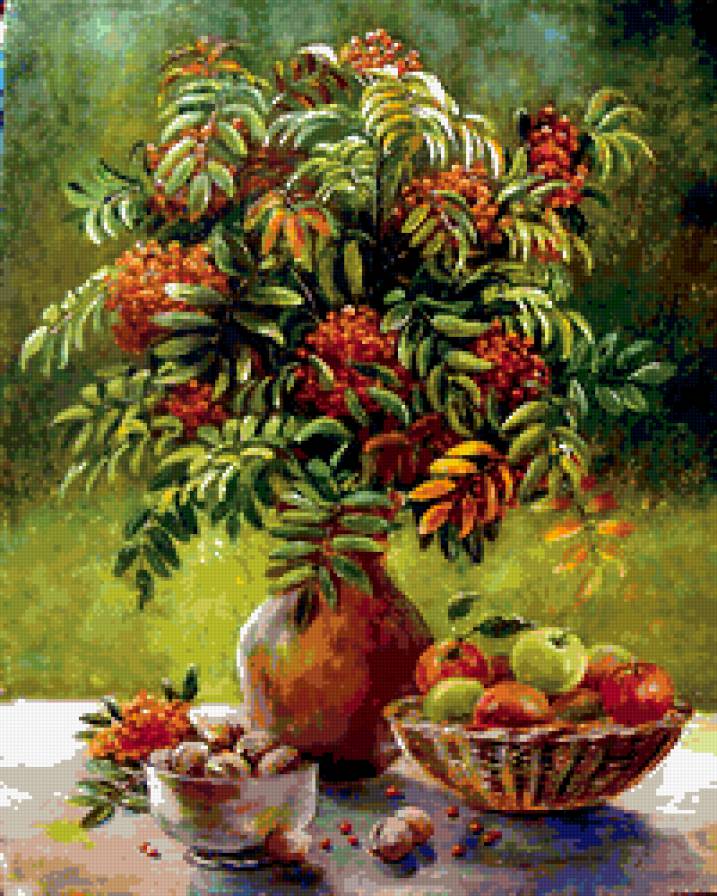 осень - натюрморт, ягоды, осень, орехи, фрукты, рябина, яблоки - предпросмотр