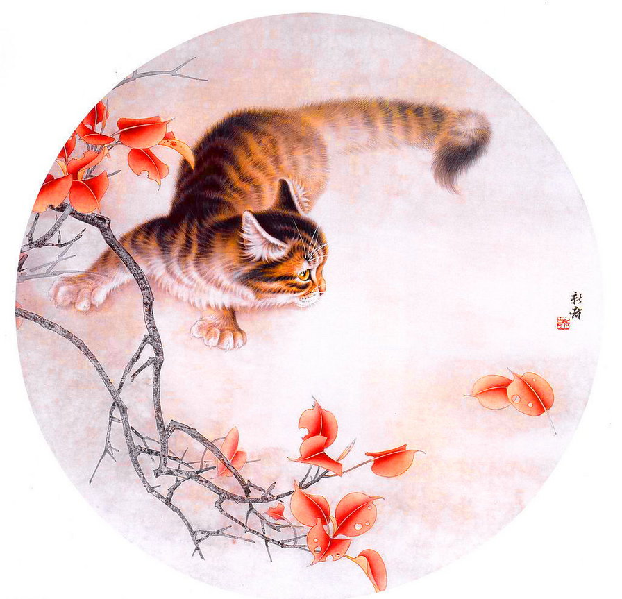 кот китайская живопись - котенок, восток, кот, осень, бабочка, живопись - оригинал