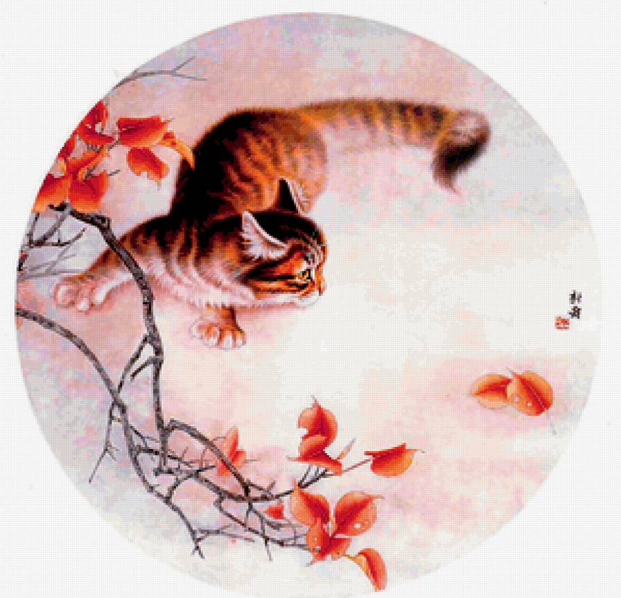 кот китайская живопись - живопись, котенок, бабочка, восток, осень, кот - предпросмотр