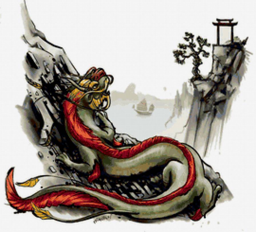 дракон на востоке - фэнтези, дракон, восток, живопись, пагода - предпросмотр