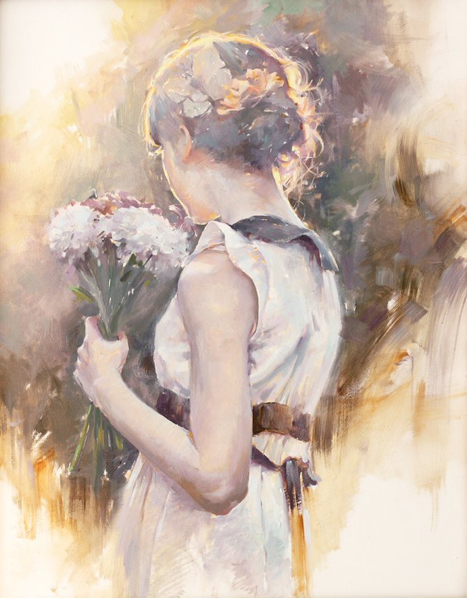 Девушка с букетом - девушка, цветы, картина, женщина - оригинал