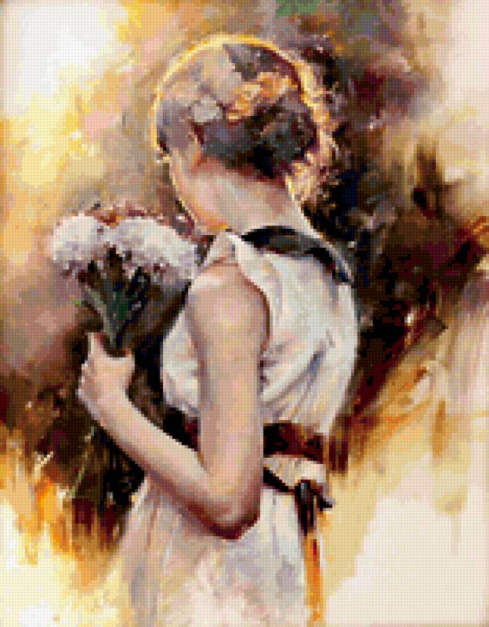 Девушка с букетом - картина, женщина, цветы, девушка - предпросмотр
