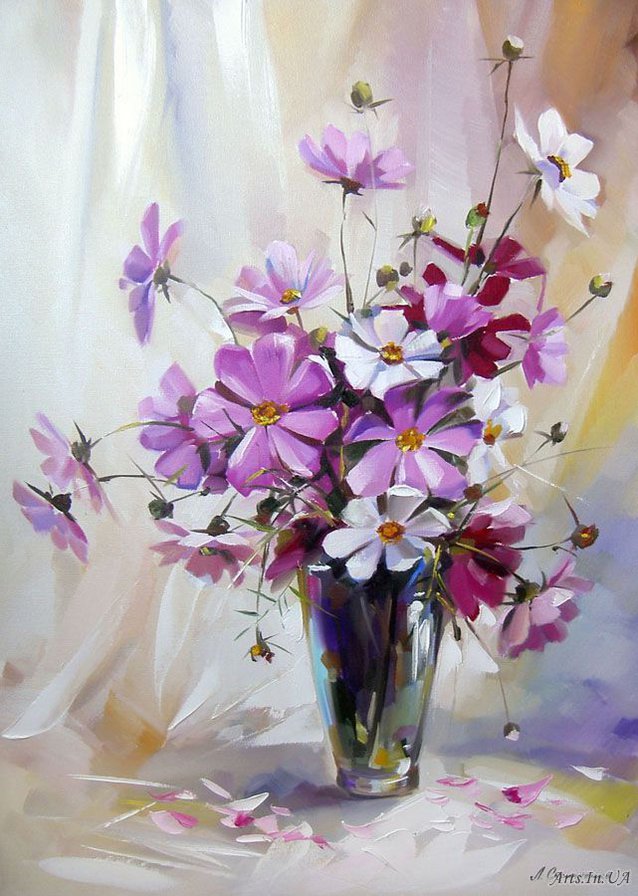 фиолетовый букет - картина, букет, ваза, живопись, цветы - оригинал