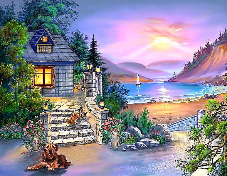 У самого синего моря... - пейзаж, собака, парус, дворик, море, домик, закат - оригинал