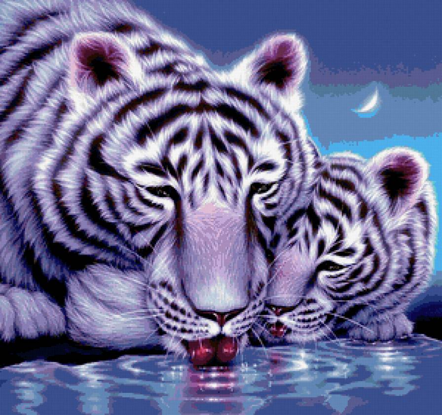 Мама и малыш - мамочка, тигры, тигрица, животные, водопой, тигренок - предпросмотр
