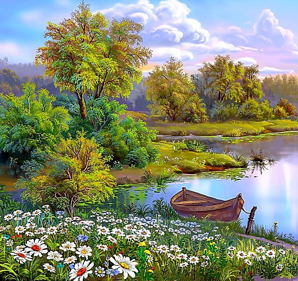 Пейзаж с ромашками - ромашки, озеро, пейзаж, лето, облака, лодка - оригинал