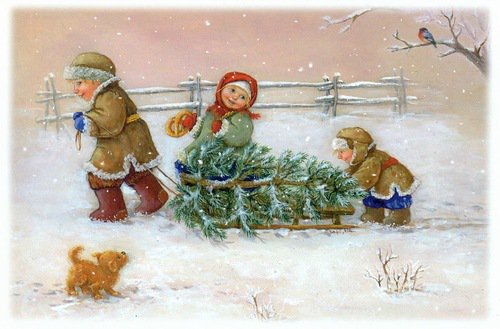 №335233 - живопись, зима, дети, пейзаж, елка, новый год, рождество, снег - оригинал
