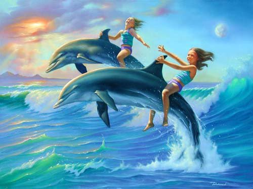 Фантазия с дельфинами - море, дети, дельфины, пейзаж, люди - оригинал