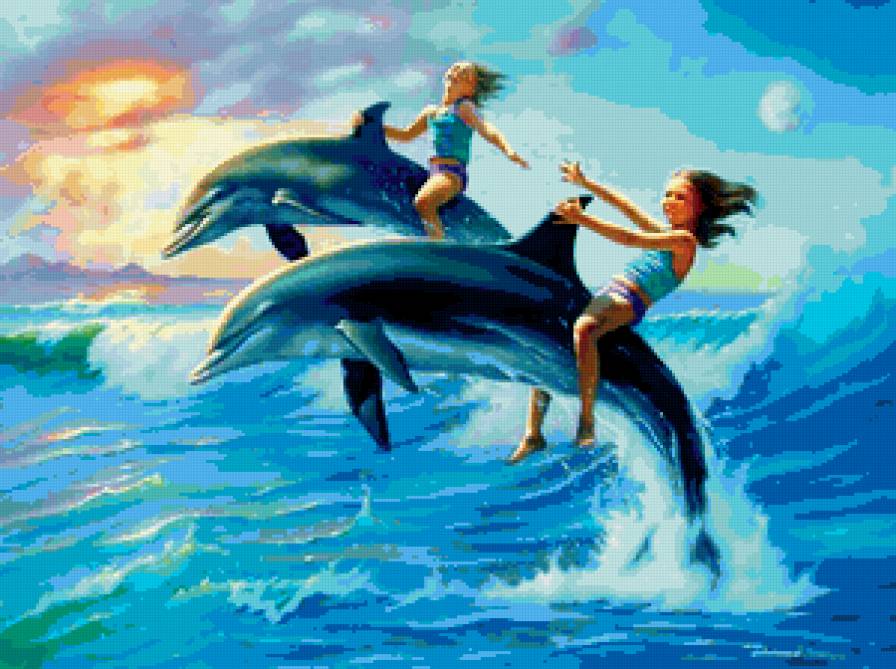 Фантазия с дельфинами - дети, море, пейзаж, дельфины, люди - предпросмотр